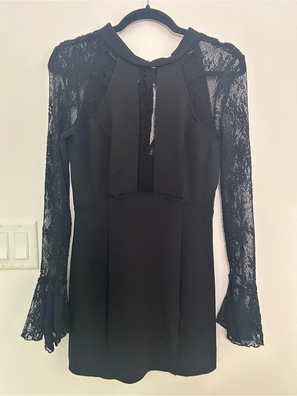 Free People XS Black Lace Mini Dress Whimsigoth Bell Sleeve Romantic Goth Witchy